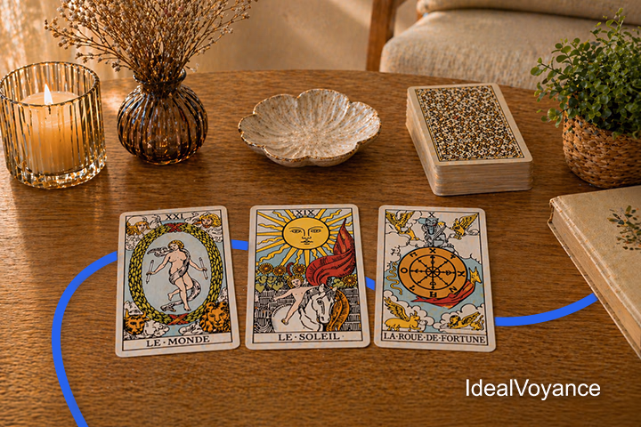 Cartes du tarot Le Monde, Le Soleil et la Roue de Fortune pos&eacute;es sur une table, symboles de r&eacute;ussite, succ&egrave;s et opportunit&eacute;s positives dans un tirage.