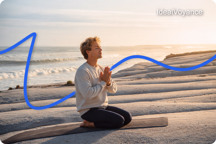 Homme pratiquant la méditation en pleine conscience face à l’océan, favorisant la réduction du stress, la concentration et l’équilibre intérieur.