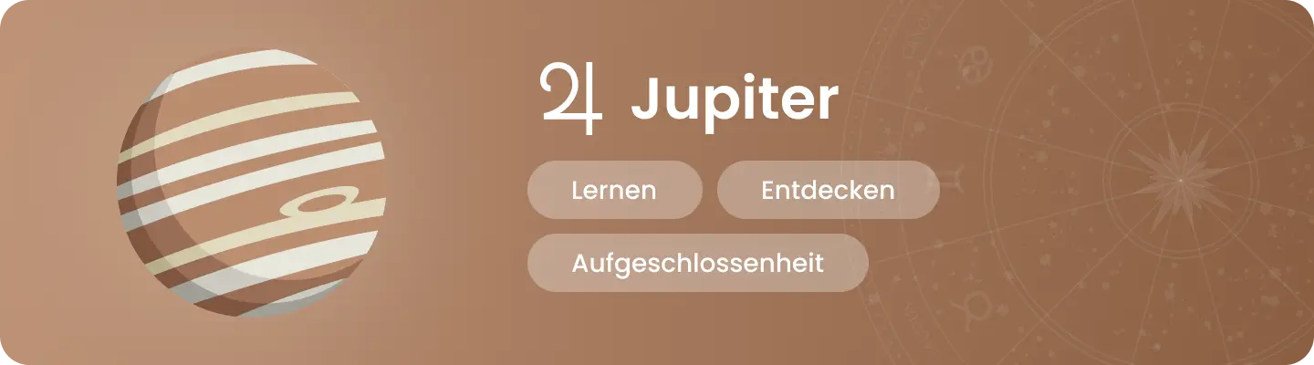 Illustration des Planeten Jupiter mit den astrologischen Schl&uuml;sselbegriffen &laquo; Lernen, Entdecken, Aufgeschlossenheit &raquo;.