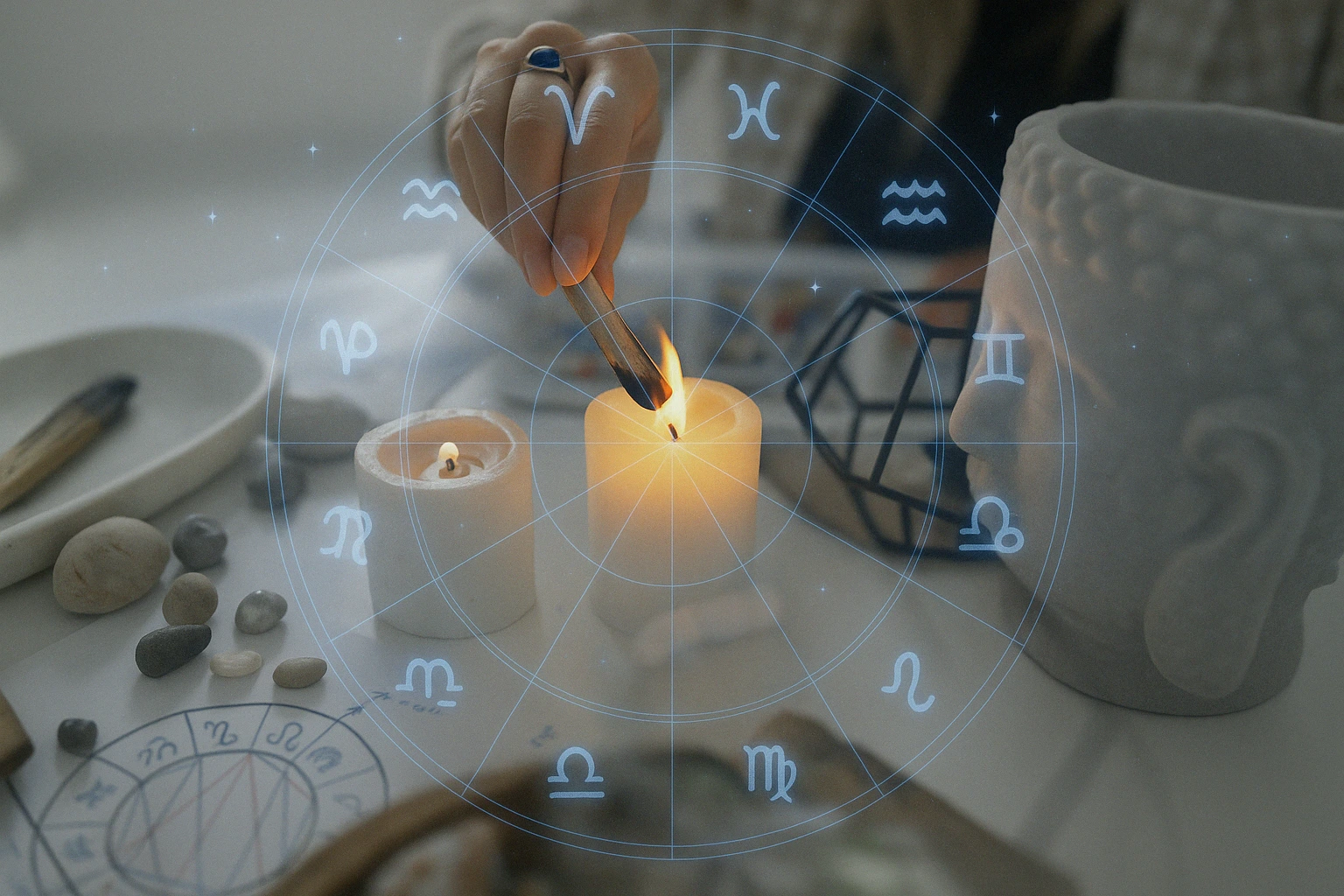 Spirituelles Ritual mit Kerzen und astrologischen Symbolen – Online-Beratung für inneres Gleichgewicht bei Manticus