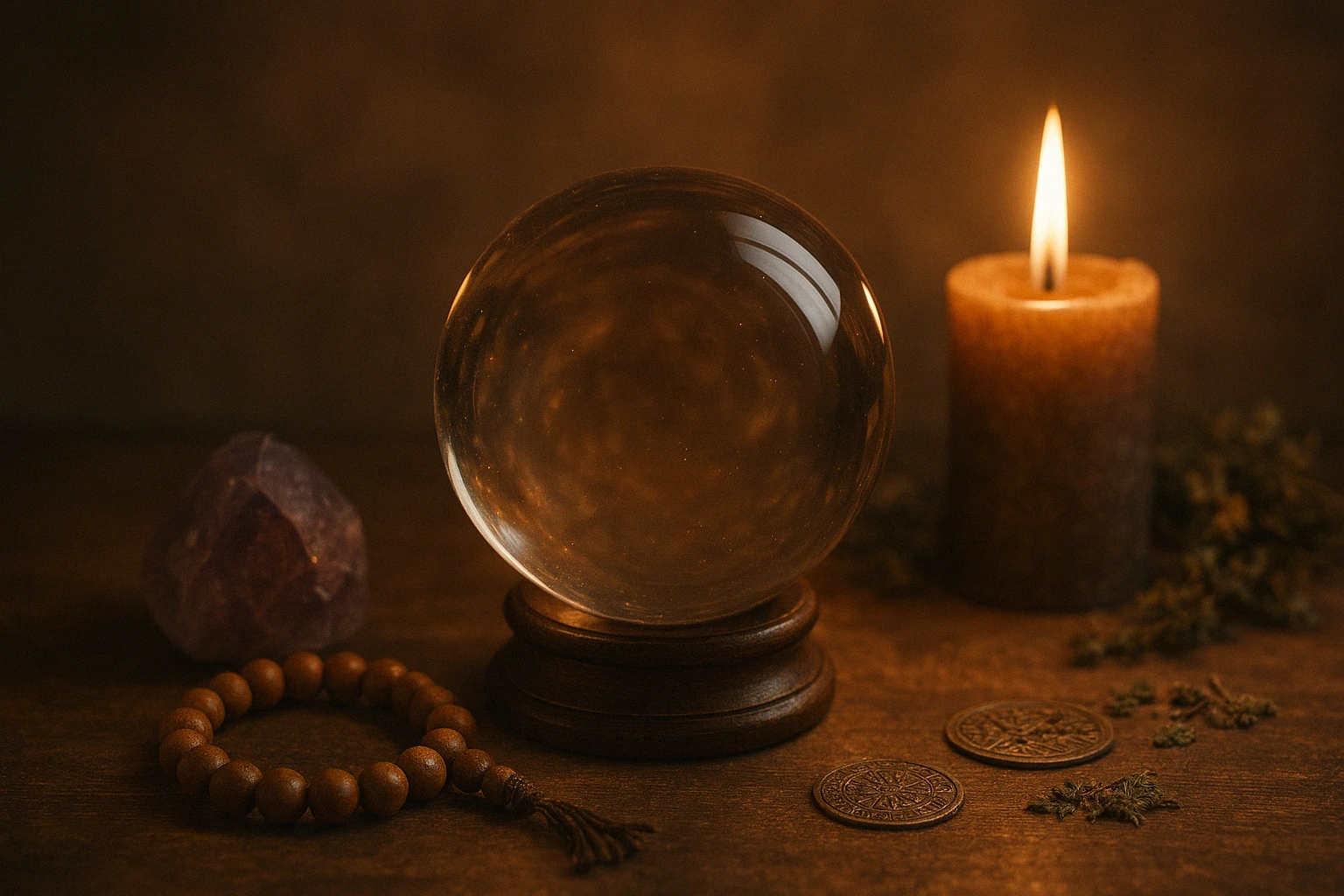 Boule de cristal sur une table avec bougie et objets ésotériques – image de couverture pour la voyance en ligne avec IdealVoyance