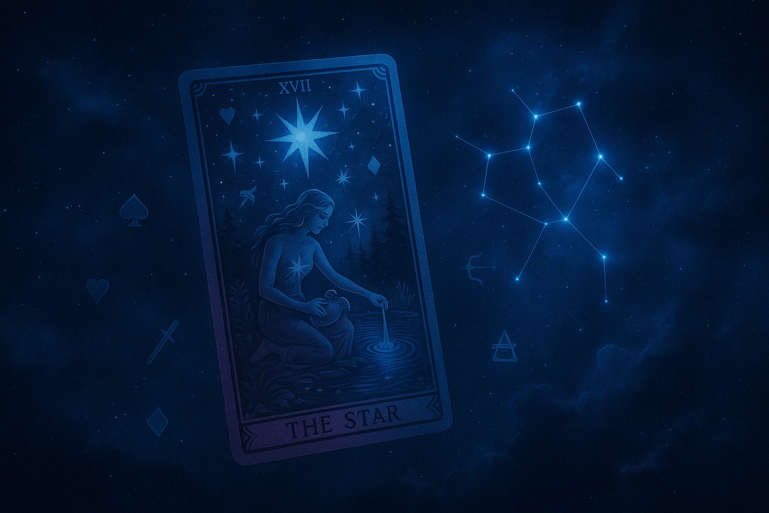 Carte de tarot "The Star" dans un ciel étoilé – définition de la tarologie et symbolique des cartes sur IdealVoyance