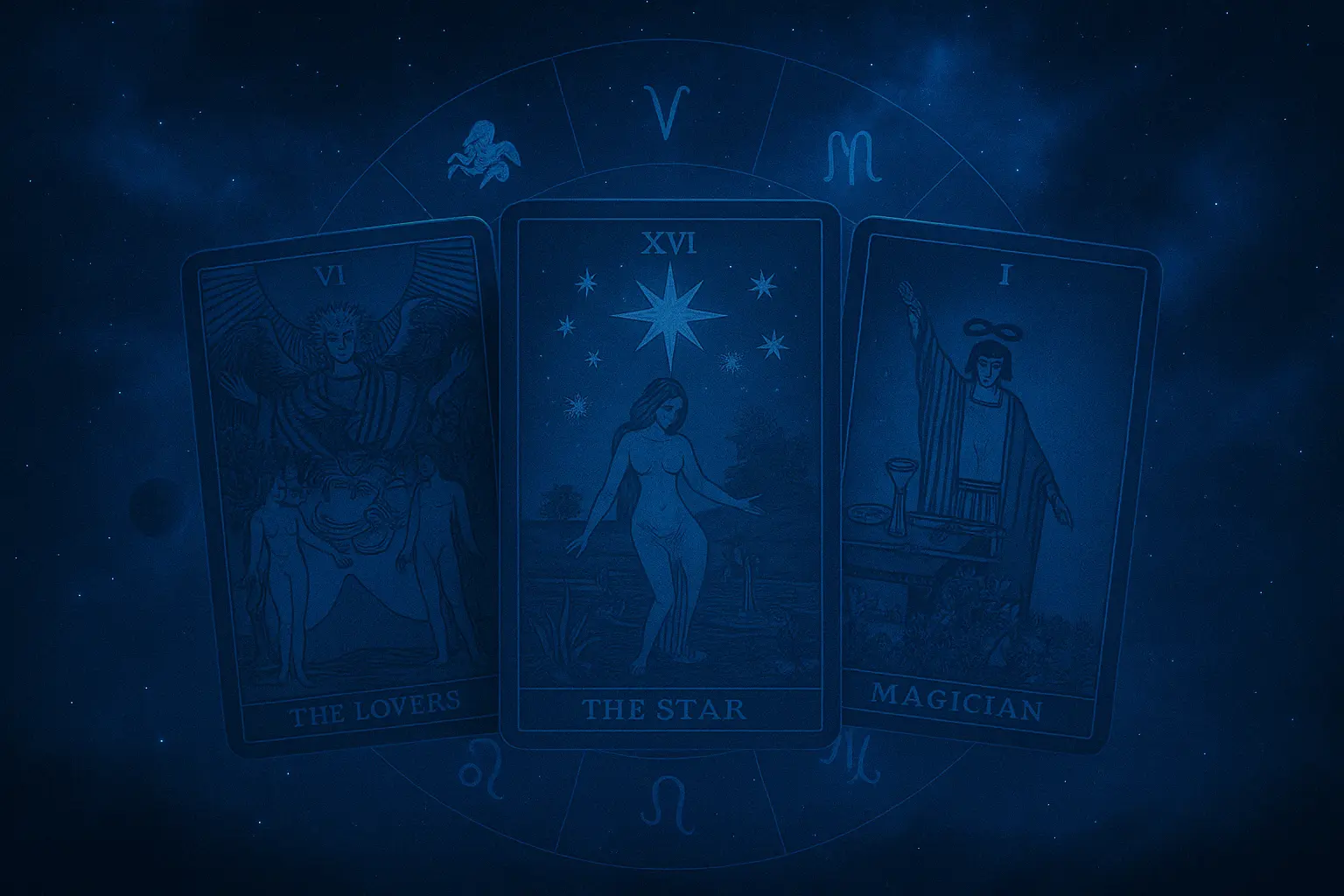 Tarotkarten mit Symbolen für Liebe, Étoile und Magie – Erklärung und Bedeutung beim Kartenlegen auf Manticus