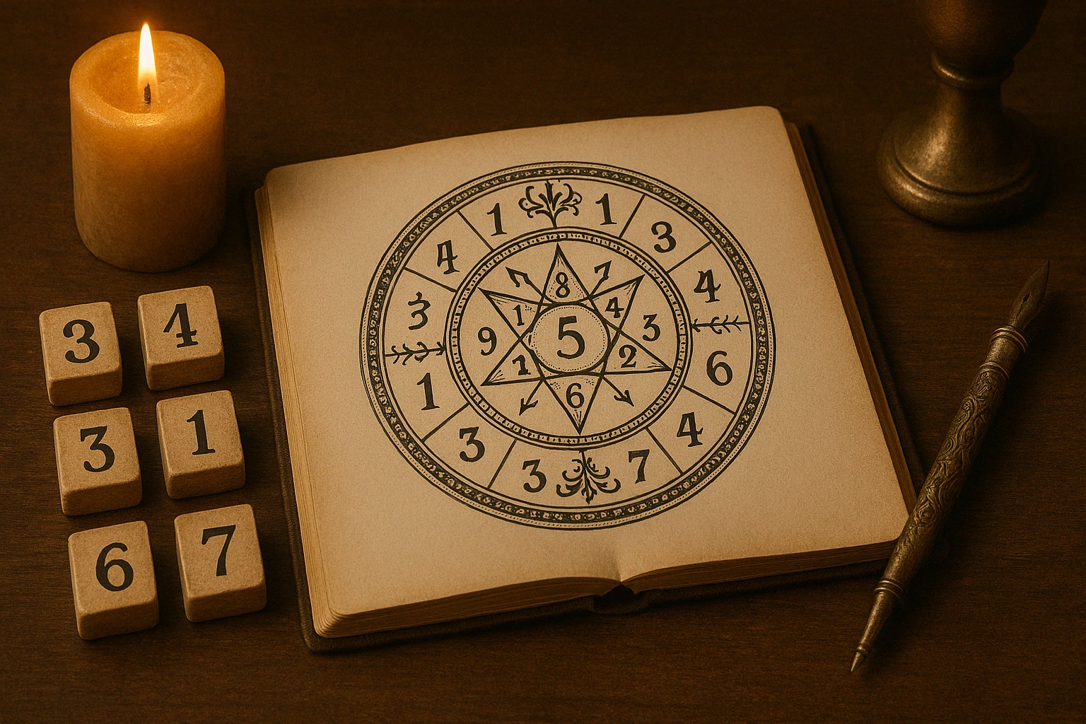 Notizbuch mit Zahlenrad, Kerze und Zahlenwürfeln – Titelbild für Online-Numerologie bei Manticus