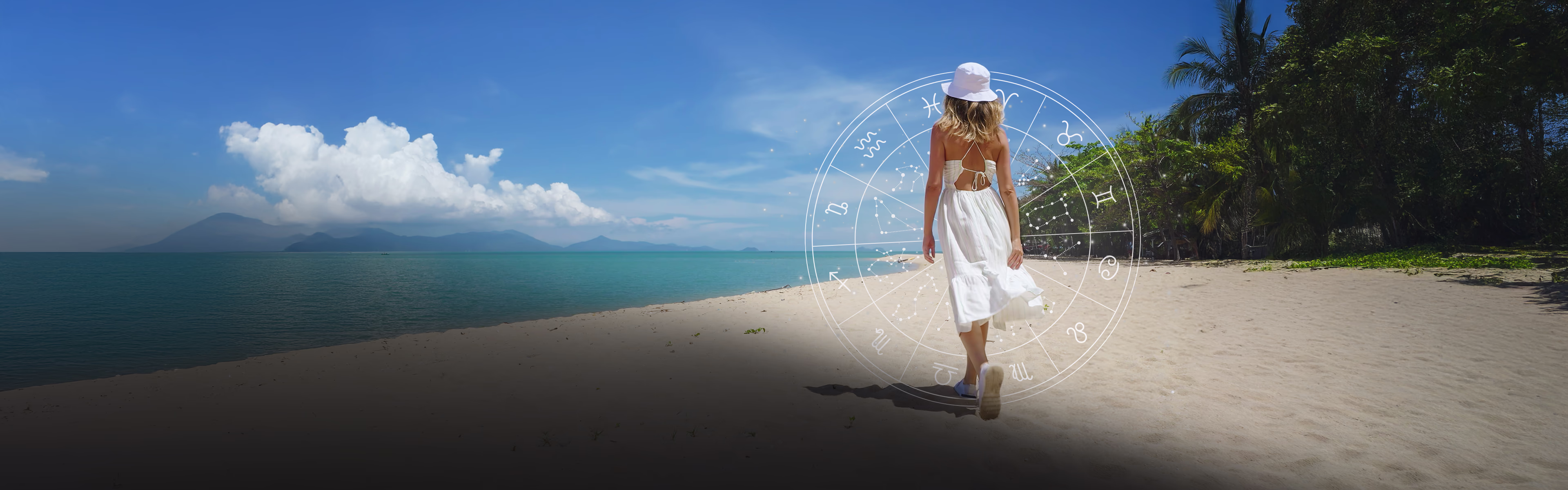 Eine Frau, die tagsüber von hinten an einem wunderschönen Strand entlanggeht und von einem magischen astrologischen Kreis umgeben ist