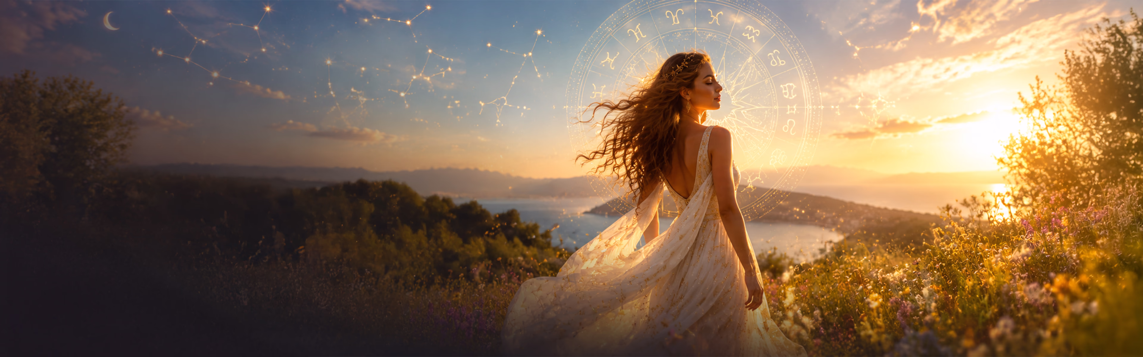 Femme contemplant un coucher de soleil estival au milieu d’un paysage lumineux, entourée de symboles astrologiques évoquant le solstice d’été, le renouveau, la voyance et la découverte de soi.